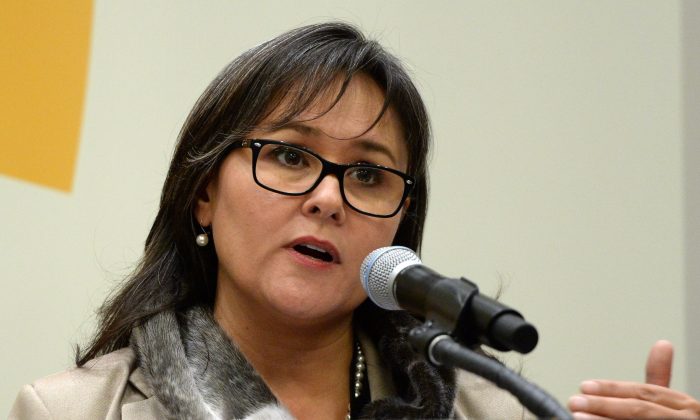 Environment Minister Leona Aglukkaq speaks at the UN Climate Summit 2014 at the United Nations in New York on Sept. 23, 2014. (The Canadian Press/Sean Kilpatrick)