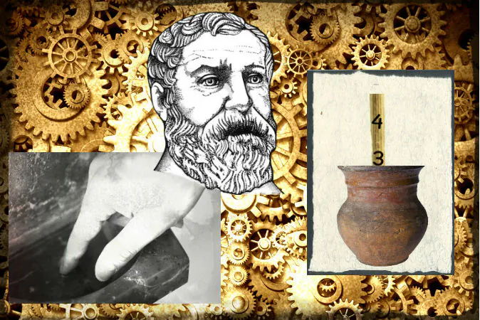 Left: A file photo of holy water. (Shutterstock*) Top: Heron, a.k.a Hero of Alexandria (Wikimedia Commons) Right: An illustration of an ancient Greek beacon device (image of jar by Didecs/iStock/Thinkstock) Background: Cogs (Shutterstock*; effects added by Epoch Times)