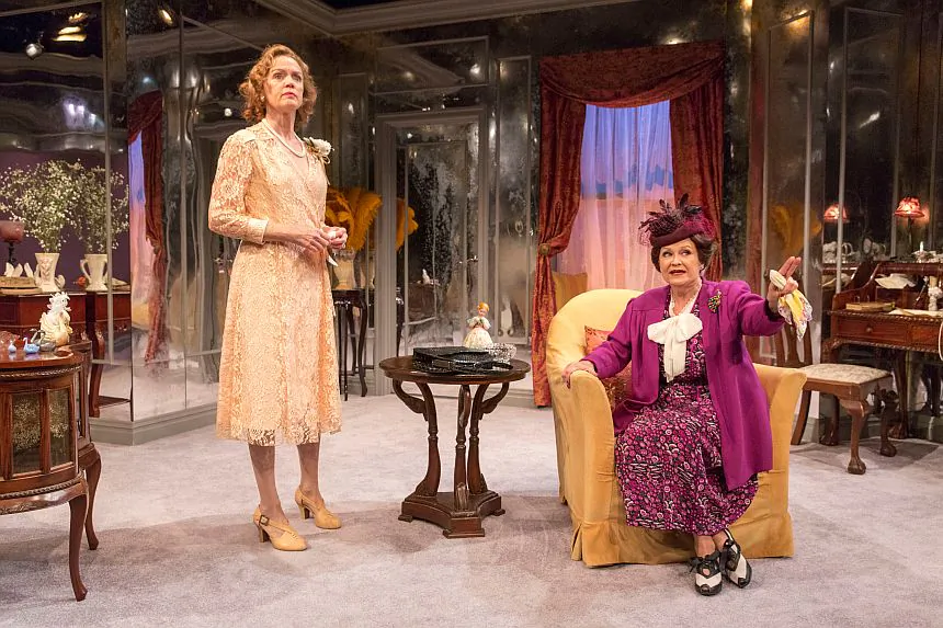 (L–R) Ollie Espenshade (Kristin Griffith) and her dear friend Mabel Wentz (Cynthia Darlow) discuss the possibility that Mr. Espenshade is unfaithful. (Richard Termine)