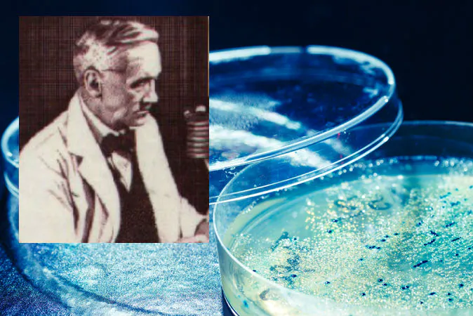 Alexander Fleming, who discovered penicillin. (Wikimedia Commons; background image of a petri dish with mold via Shutterstock)
