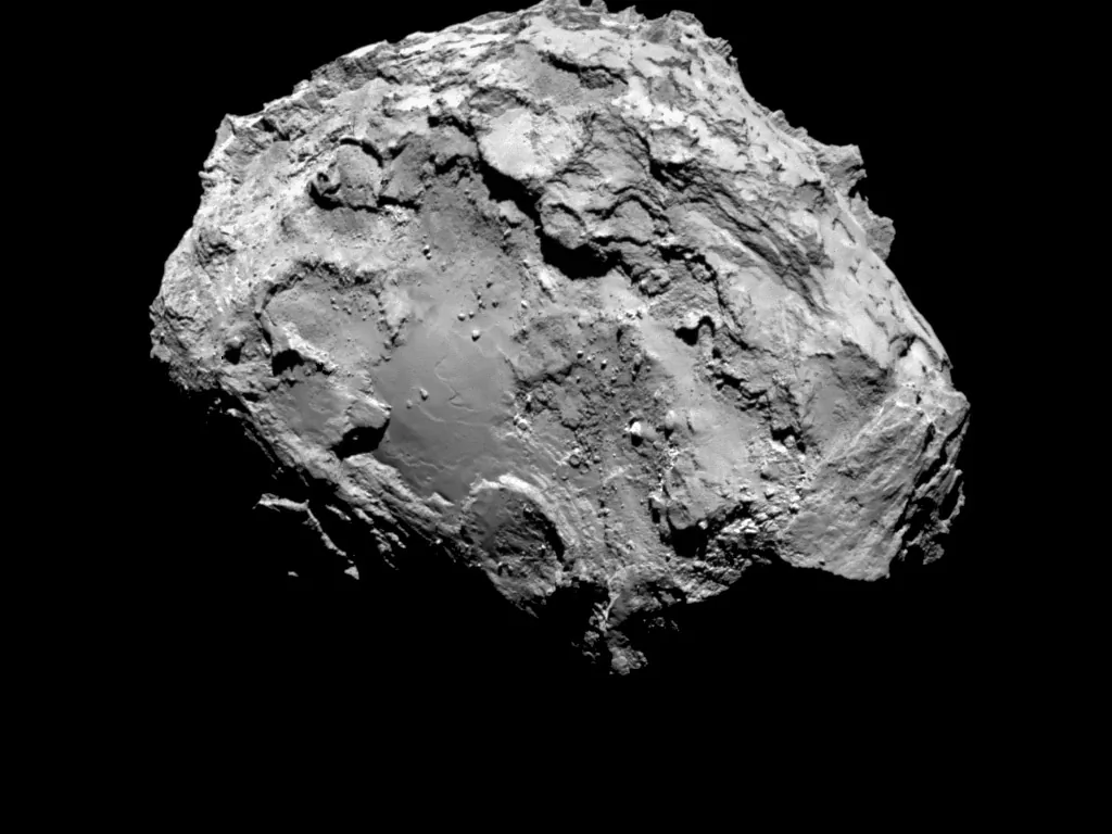 In this handout from the European Space Agency (ESA), the comet Comet 67P/Churyumov-Gerasimenko is seen in a photo taken by the Rosetta spacecraft with the OSIRIS narrow-angle camera Aug. 3, 2014 in space. (ESA/Rosetta/MPS for OSIRIS Team MPS/UPD/LAM/IAA/SSO/INTA/UPM/DASP/IDA via Getty Images)