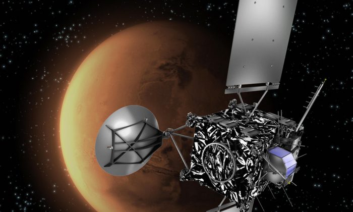 Artist's impression of the European Space Agency (ESA) probe Rosetta with Mars in the background. (C. Carreau/ESA/AFP/Getty Images)