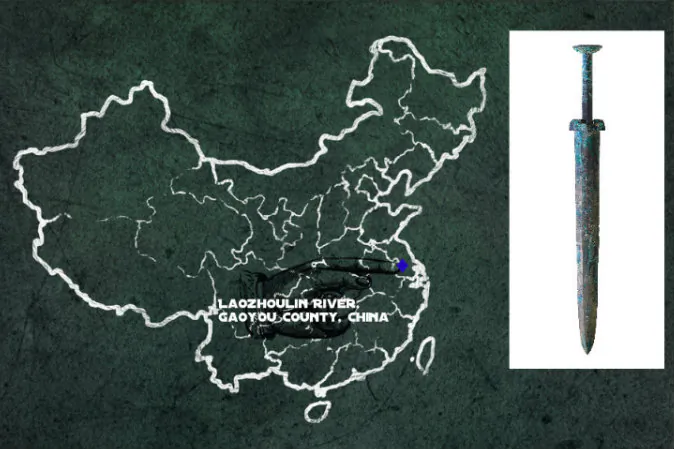 Main image: Map of China. (Shutterstock*); Left: Photo of an ancient Chinese bronze sword,  similar to the one found at Laozhoulin River in Gaoyou County, China. (Shutterstock*)