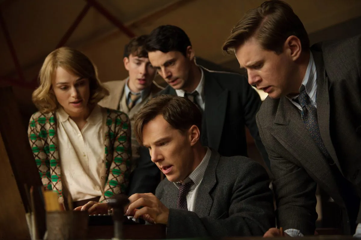 (L-R) Keira Knightley, Matthew Beard, Matthew Goode, Benedict Cumberbatch, and Allen Leech star in The Imitation Game (Jack English/The Weinstein Company)