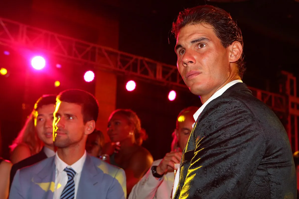 BEIJING, CHINA - SEPTEMBER 29: Novak Djokovic of Serbia and Rafael Nadal of Spain attend the China Open Player Party at the InterContinental hotel on September 29, 2014 in Beijing, China. (Chris Hyde/Getty Images)