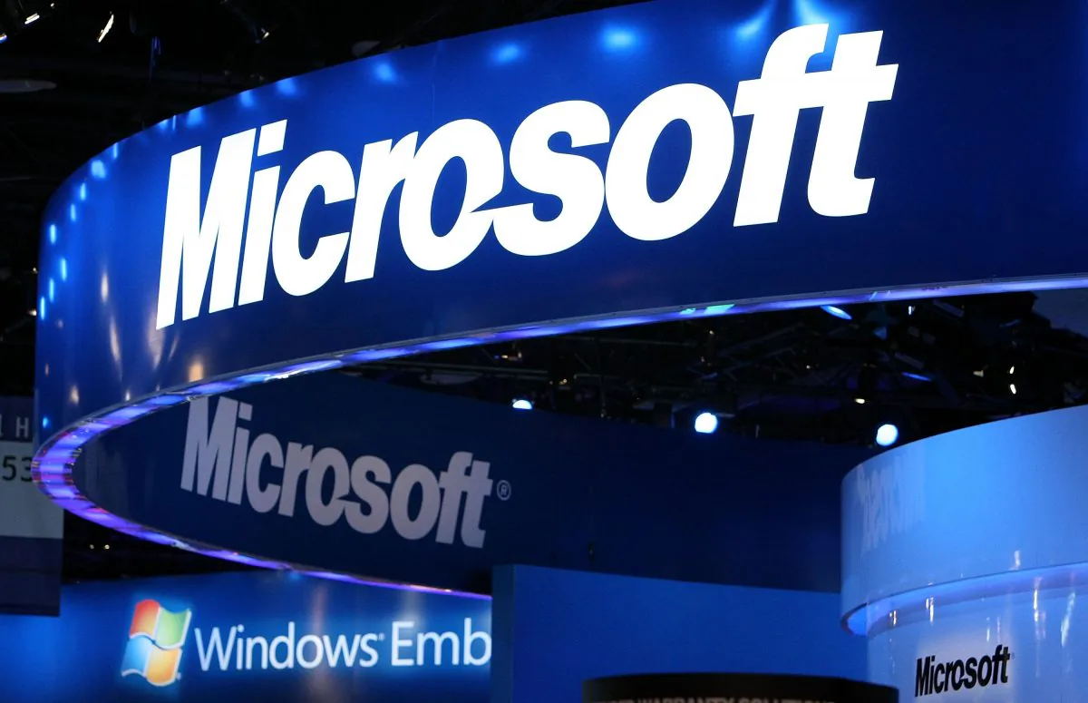 The Microsoft logo is displayed over the Microsoft booth at the 2010 International Consumer Electronics Show at the Las Vegas Hilton Jan. 7, 2010 in Las Vegas, Nevada. (Justin Sullivan/Getty Images)