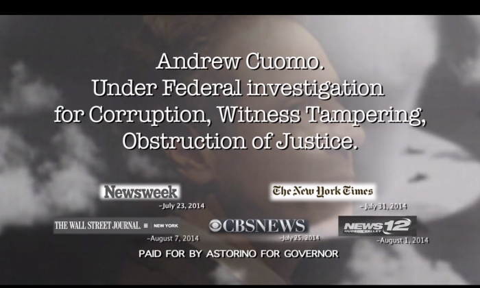 Screenshot of the attack ad on Cuomo from the Astorino Campaign: "Jail".