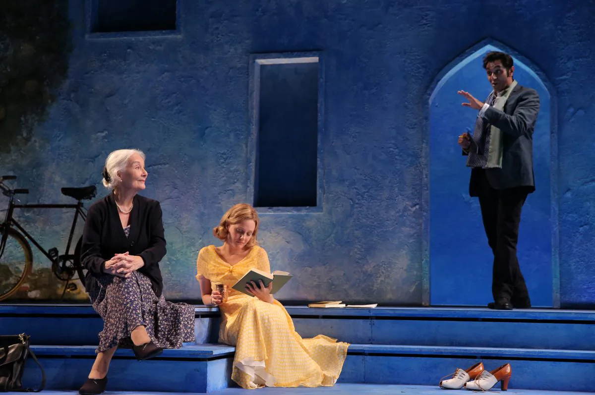 (L–R) Rosemary Harris, Romola Garai, and Bhavesh Patel appear in a scene from Tom Stoppard’s “Indian Ink”, currently performing off-Broadway at the Laura Pels Theatre. (AP Photo/Roundabout Theatre Company, Joan Marcus)