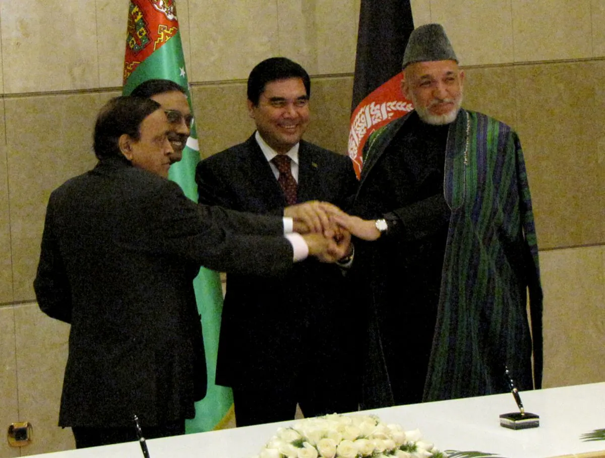 (L–R) Pakistani President Asif Ali Zardari, Indian Minister of Petroleum and Natural Gas Murli Deopra, Turkmenistan's leader Gurbanguly Berdymukhamedov, and Afghan President Hamid Karzai shake hands after a signing ceremony in Ashgabat, Turkmenistan, on Dec. 11, 2010. The four countries signed a framework agreement for the transnational gas pipeline. (STRINGER/AFP/Getty Images)