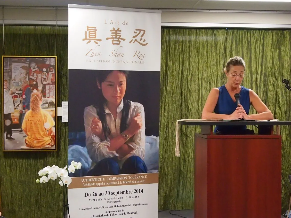 Diane Du Sablon, special assistant to Irwin Cotler, Member of Parliament for Mount Royal, gave a speech on behalf of the MP at the opening of the Zhen Shan Ren art exhibit in Montreal on Sept. 27, 2014. In an interview later, Du Sablon said: “Mr Cotler has worked during his whole life for international justice, human rights. He was elected to Parliament in 1999 … with the intention to pursue this mission. … Mr. Kunlun Zhang was the first Falun Gong practitioner that professor Cotler represented as an MP. His relationship with Falun Dafa started at that moment.” (Nathalie Dieul/Epoch Times)