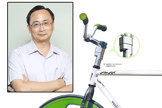 Top right: Extraordinary Microscience President Kuo Min-Huang. (Lin Shijie) Background: The Gripfast stem shock absorber designed for threadless stems with diameter of 1.18” (28.6mm) (Extraordinary Microscience)