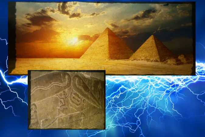Bottom: A light-bulb-like object engraved in a crypt under the Temple of Hathor in Egypt. (Lasse Jensen/Wikimedia Commons) Top: Pyramids in Egypt (Shutterstock*) Background: Illustration of electricity. (Shutterstock*)