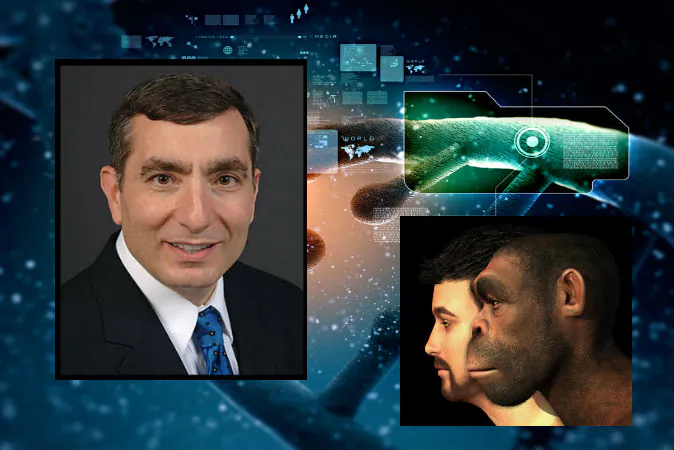 Left: Dr. James Tour (Courtesy of James Tour) Right: Depiction of human evolution. (Shutterstock*) Background: Illustration of DNA. (Shutterstock*)