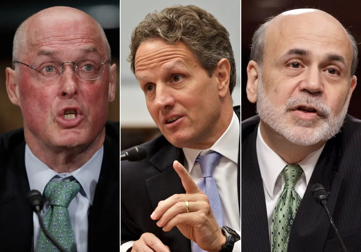 (L-R) Former Treasury Secretary Henry Paulson, former Treasury Secretary Timothy Geithner, and former Federal Reserve Chairman Ben Bernanke. The three top former government leaders who devised the 2008 financial bailouts are set to testify this week in a lawsuit over the government’s rescue of the insurance giant AIG. (AP Photo/Pablo Martinez Monsivais, J. Scott Applewhite)