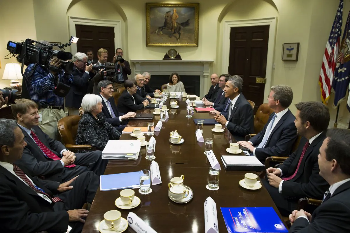 President Barack Obama meets with financial regulators in the Roosevelt Room of the White House in Washington, Monday, Oct. 6, 2014. (L-R) Director of the Federal Housing Finance Agency Mel Watt, Director of the Consumer Financial Protection Bureau Richard Cordray, Federal Reserve Chair Janet Yellen, Treasury SecretaryJacob Lew, Securities and Exchange Commission (SEC) Chair Mary Jo White, Commodity Futures Trading Commission (CFTC) Chairman Tim Massad, Federal Deposit Insurance Corporation (FDIC) Chairman Martin Gruenberg, Deputy Treasury Secretary Sarah Bloom Raskin, White House Council Neil Eggleston, Council of Economic Advisers Chairman Jason Furman, Obama, Budget Director Shaun Donovan, Deputy Budget Director Brian Deese, and Special Assistant to the President for Economic Policy Seth Wheeler. (AP Photo/Evan Vucci)