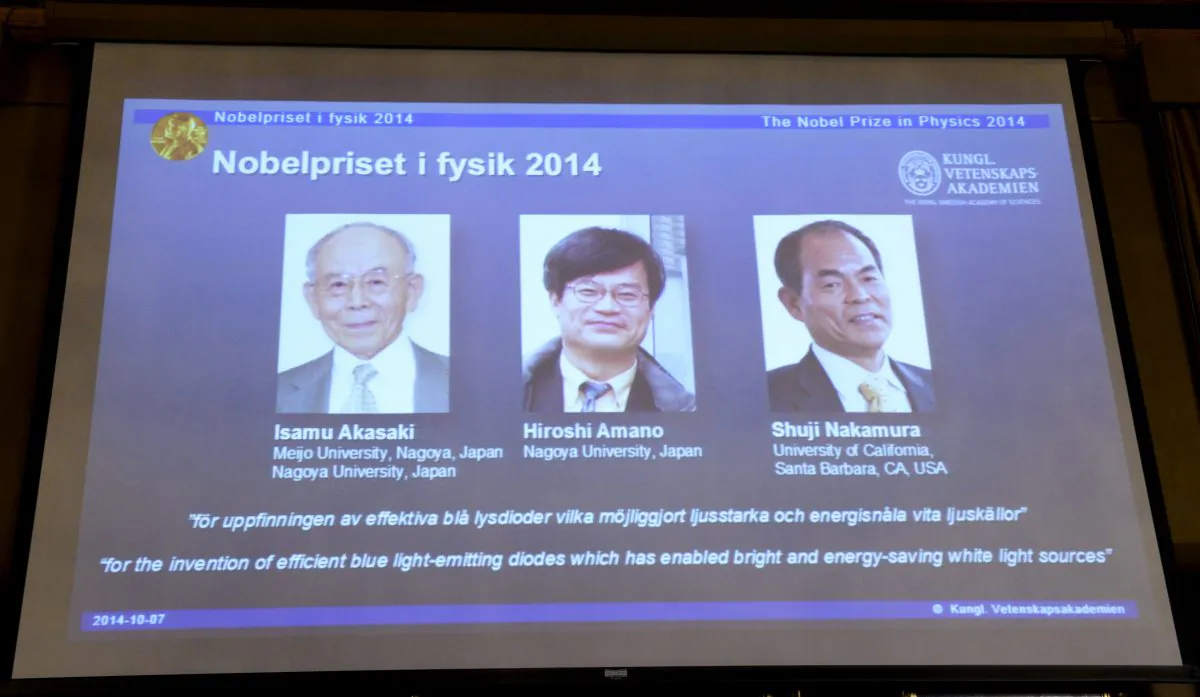 Projected images of  Isamu Akasaki, Hiroshi Amano and Shuji Nakamura  are displayed as its announced at the Royal Swedish Academy of Science in Stockholm, Tuesday Oct. 7,  2014 that  the Nobel Prize in physics goes to Akasaki, Amano and Nakamura . (AP Photo/Bertil Ericson, TT)    SWEDEN OUT