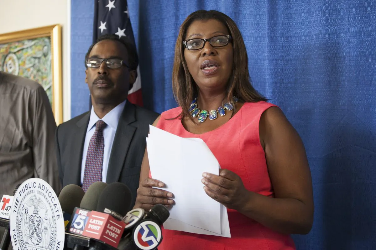 The city’s Public Advocate Letitia James during a news conference in New York on Aug. 11, 2019. (Samira Bouaou/Epoch Times)