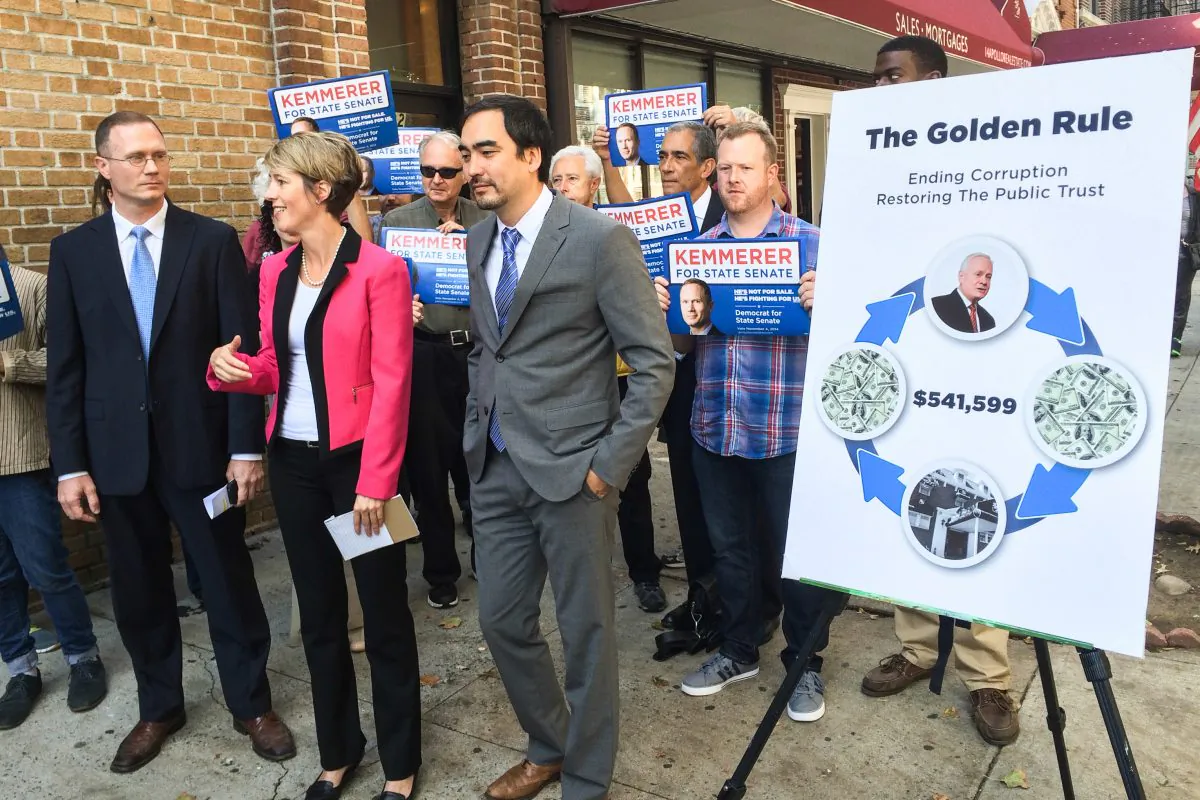 (L–R) James Kemmerer, Zephyr Teachout, and Tim Wu at a press conference in the Bay Ridge neighborhood of Brooklyn, N.Y., on Oct. 8, 2014. Teachout and Wu endorsed Kemmerer in his race against incumbent state senator Martin Golden. (Jonathan Zhou/Epoch Times)