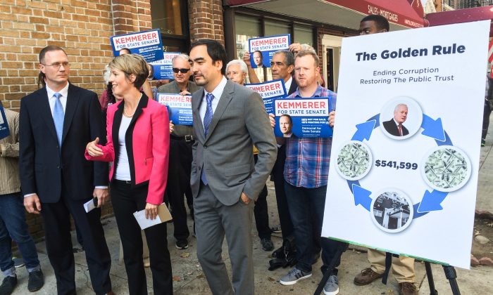 (L–R) James Kemmerer, Zephyr Teachout, and Tim Wu at a press conference in the Bay Ridge neighborhood of Brooklyn, N.Y., on Oct. 8, 2014. Teachout and Wu endorsed Kemmerer in his race against incumbent state senator Martin Golden. (Jonathan Zhou/Epoch Times)
