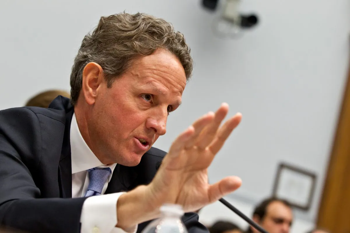 FILE - Treasury Secretary Timothy Geithner testifies on Capitol Hill in Washington, in this July 25, 2012 file photo. Geithner, a key player in the U.S. government's 2008 bailout of American International Group Inc., is due back in court Wednesday Oct. 8, 2014 in a trial of a lawsuit filed by the insurance giant's former CEO over the handling of the rescue. (AP Photo/J. Scott Applewhite. File)