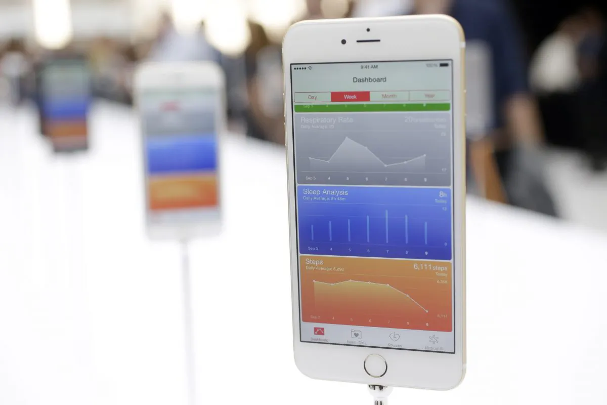 The iPhone 6 Plus is displayed during an announcement of new products by Apple on Tuesday, Sept. 9, 2014, in Cupertino, Calif. (AP Photo/Marcio Jose Sanchez)