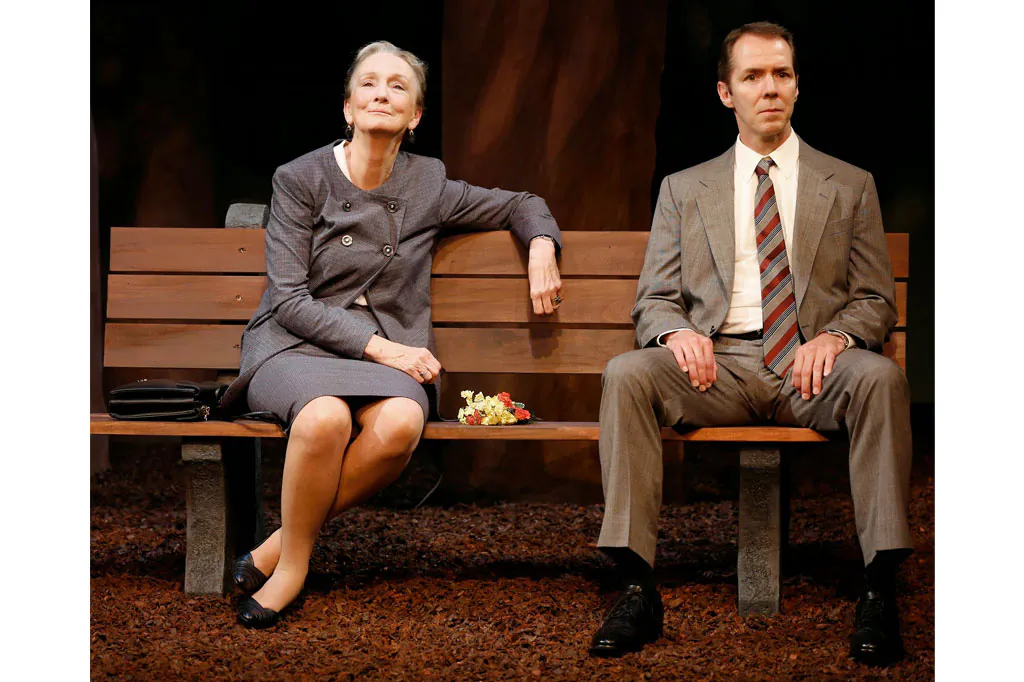 Seasoned negotiator Russian Irina Botvinnik (Kathleen Chalfant) and her younger American counterpart, John Honeyman (Paul Niebanck), meet in a wood to discuss an arms treaty. (Carol Rosegg)