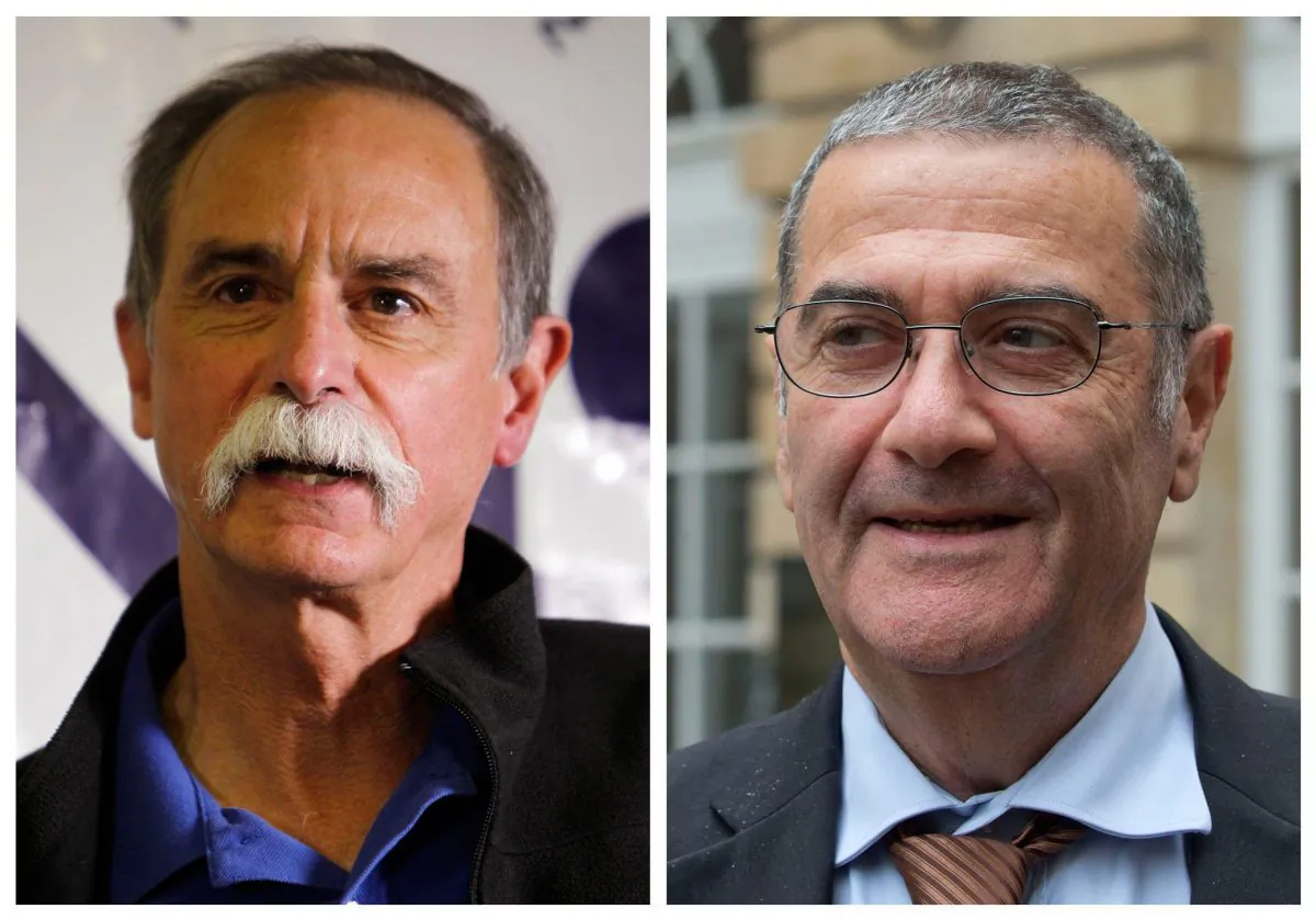 This combination photo shows American physicist David Wineland (L) and French physicist Serge Haroche, winners of the 2012 Nobel Prize in physics. The French-American duo shared the prize for inventing methods to observe the properties of the quantum world, research that has helped scientists take the first steps toward building superfast computers. (AP Photo/Ed Andrieski, Michel Euler)