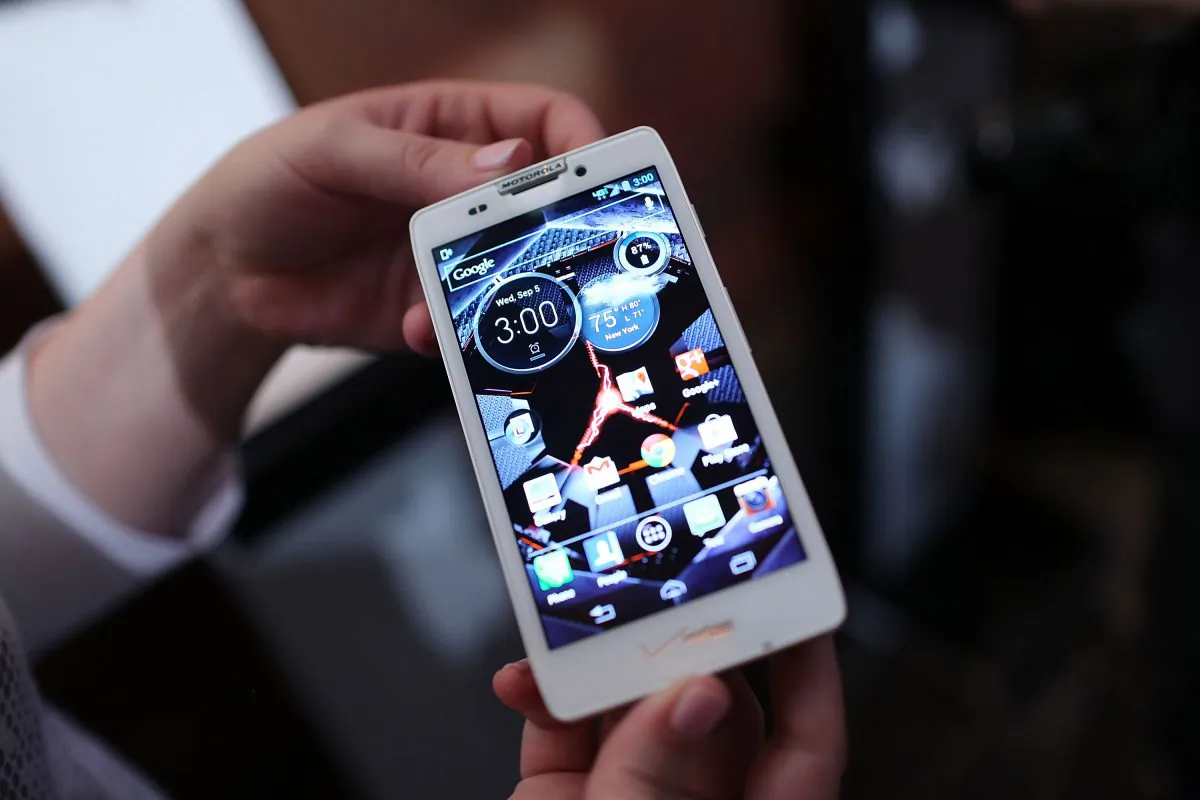 The new Motorola Razr HD smartphone is displayed at the launch of three new smartphones under the Razr brand that will become available for Verizon customers in New York City on Sept. 5, 2012. The new phones, the Droid Razr HD, the Razr M and the Razr Maxx HD, will all use Google's Android operating system. (Spencer Platt/Getty Images)