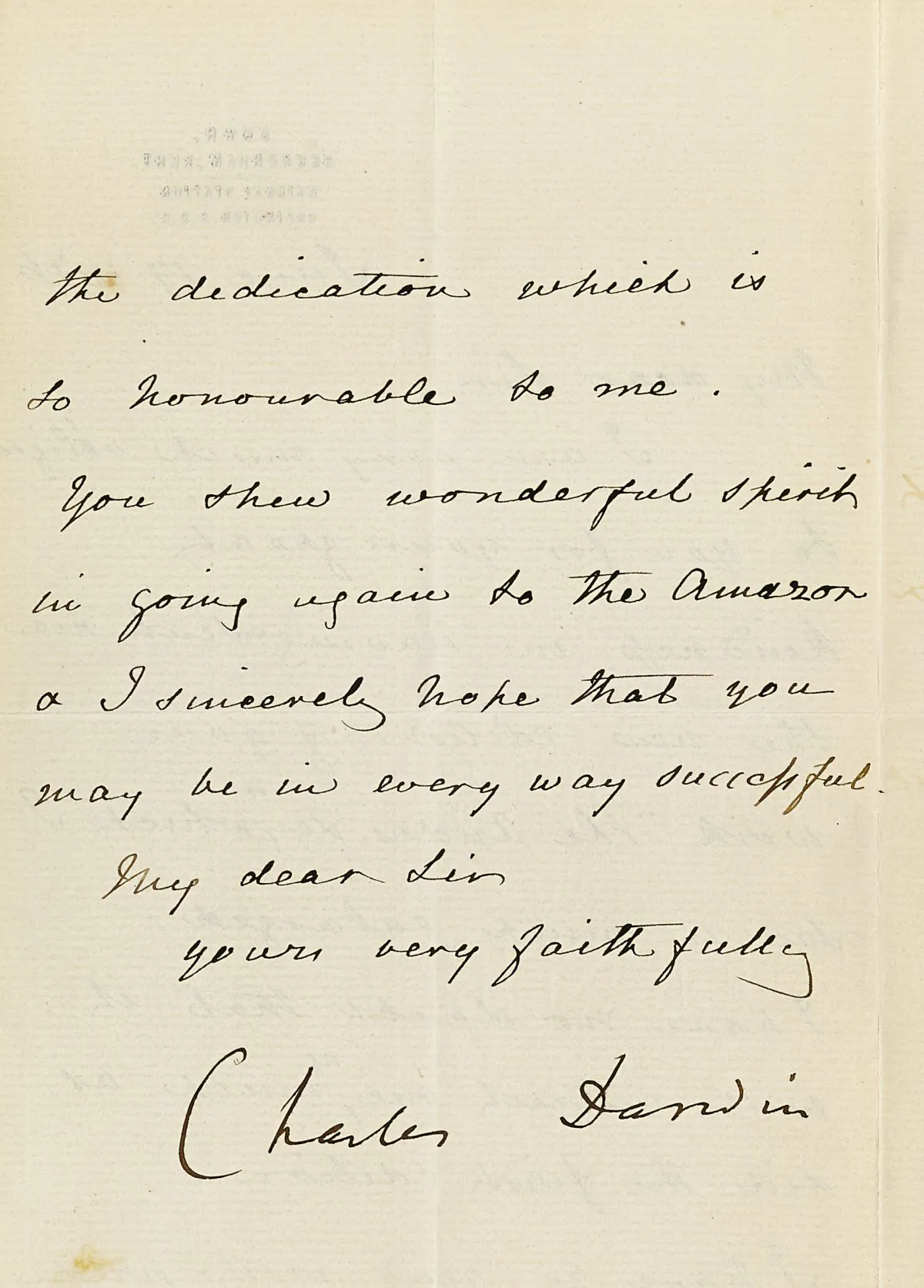 This undated photo provided by Bonhams shows the signature of Charles Darwin on a June 19, 1876 letter that is among the items being offered for auction on Oct. 22, 2014 by Bonhams auction house in New York. The letter by Darwin to a colleague, on the sex life of barnacles, has a pre-sale estimate of $20,000 to $30,000. (AP Photo/Bonhams)