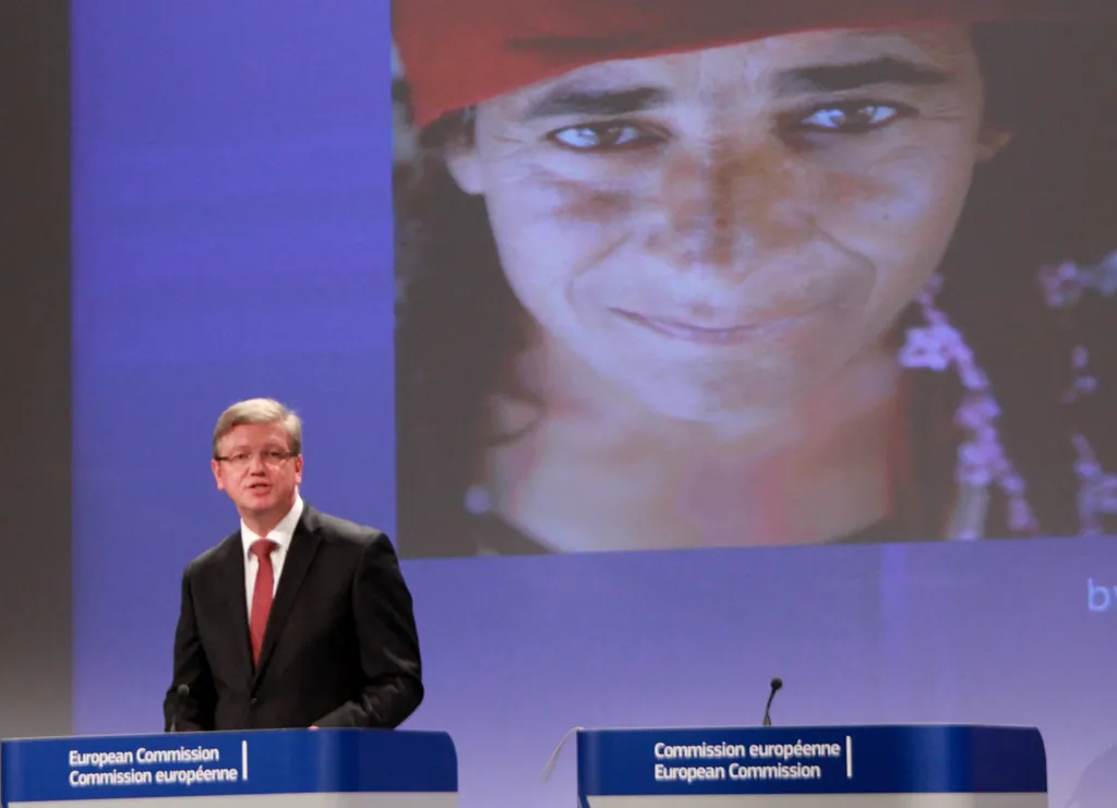 Czech diplomat Stefan Füle, European commissioner for enlargement and European neighborhood policy, makes a speech at the Roma Integration Award ceremony in Brussels on Oct. 1, 2014. (Hakan Kocman/Epoch Times)