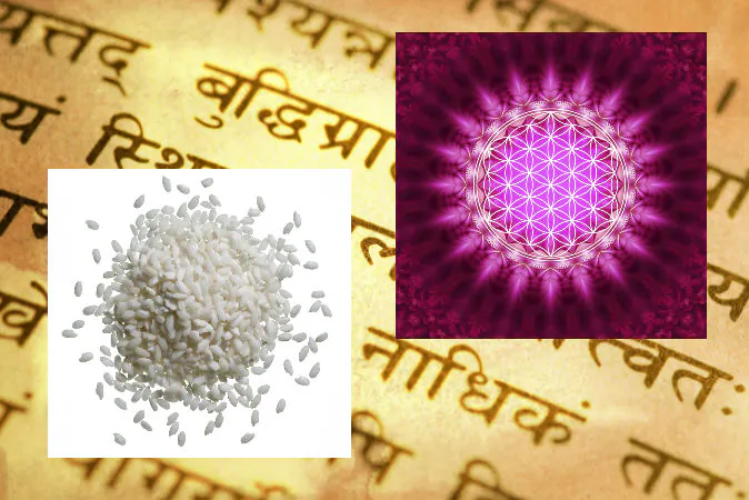 A file photo of a Sanskrit text (Maxim Krasnov/Hemera/Thinkstock, effects added by Epoch Times); Rice (Shutterstock*); Conceptual image of the "flower of life" (Tschitscherin/iStock/Thinkstock)