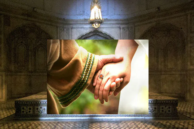 Conceptual image of medieval lovers holding hands (Kanwarjit Singh Boparai/iStock/Thinkstock) Background: File photo of a medieval tomb (Commoner28th/iStock/Thinkstock)