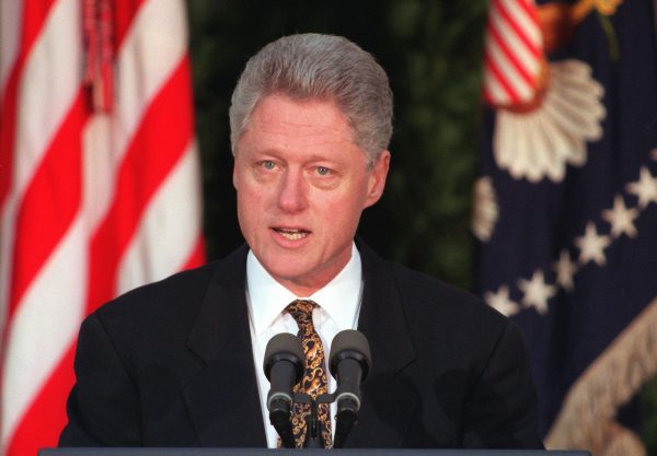 US President Bill Clinton addresses the nation from the Rose Garden of the White House in Washington on Dec. 11, 1998, to apologize for misleading the country about his relationship with White House intern Monica Lewinsky. (William Philpott/AFP/Getty Images)