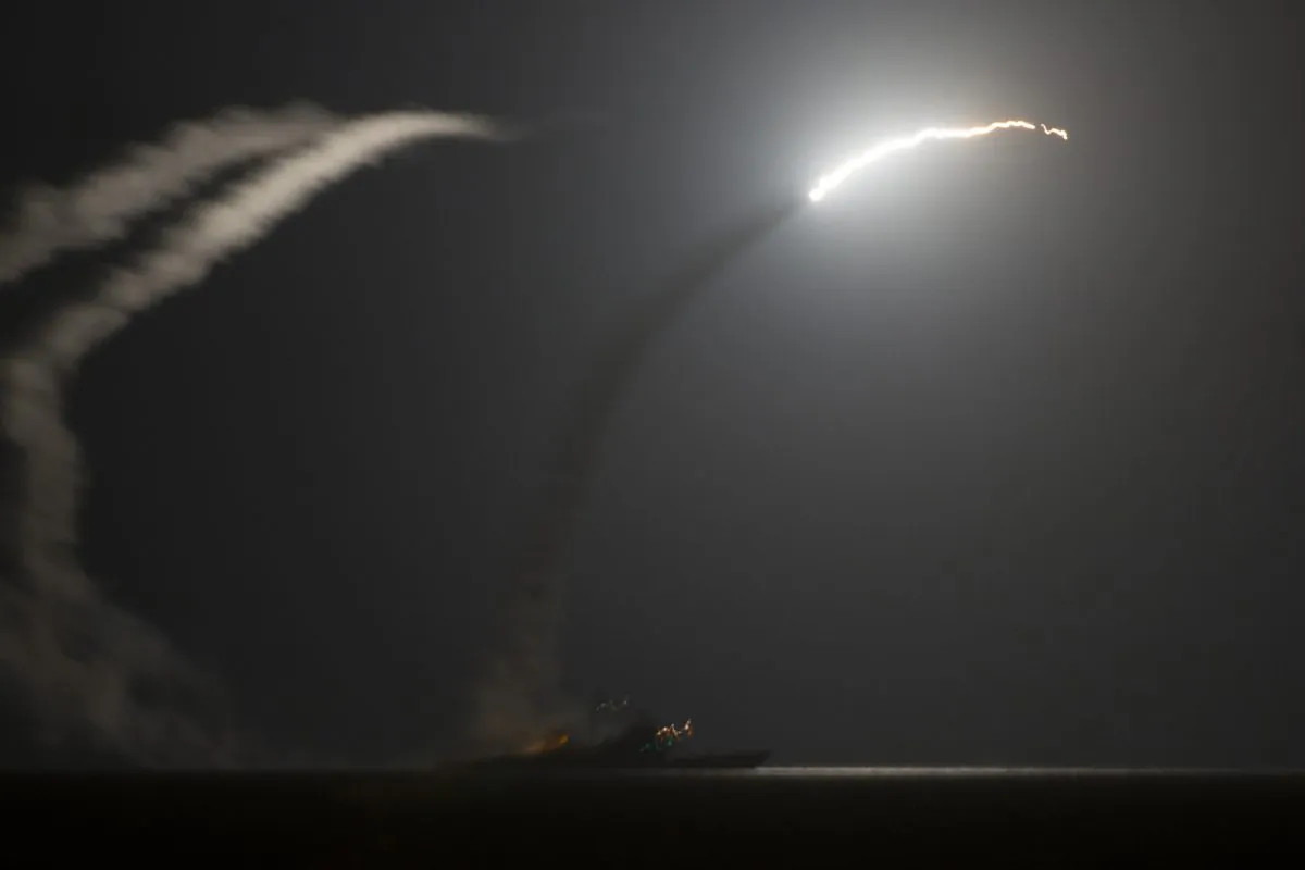 FILE- In this Sept. 23, 2014 file image provided by the U.S. Navy, the guided-missile cruiser USS Philippine Sea (CG 58) launches a Tomahawk cruise missile as seen from the aircraft carrier USS George H.W. Bush. The Obama administration is boxed in by its promise to limit U.S. military engagement against Islamic State extremists, making it tough to agree to Turkey’s condition for joining the fight in neighboring Syria. Turkey and other U.S. allies want the U.S. to create a no-fly zone inside Syrian territory. Doing so would mean embracing one of two options President Barack Obama has long resisted: cooperating with Syrian President Bashar Assad’s government or taking out its air defenses, action tantamount to war. (AP Photo/U.S. Navy, Mass Communication Specialist 1st Class Eric Garst, File)