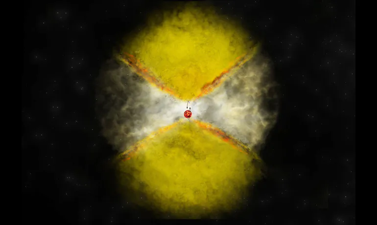 "We may be able to use novae as a 'testbed' for improving our understanding of this critical stage of binary evolution," says Laura Chomiuk. Above, yellow depicts the material that is expelled just days after the stellar explosion. (Bill Saxton, NRAO/AUI/NSF)