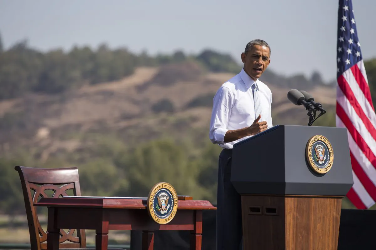 President Barack Obama announced nearly 347,000 acres within the San Gabriel Mountains northeast of Los Angeles a national monument at the Frank G. Bonelli Regional Park in San Dimas, Calif. on Oct. 10, 2014. (Evan Vucci/AP Photo)