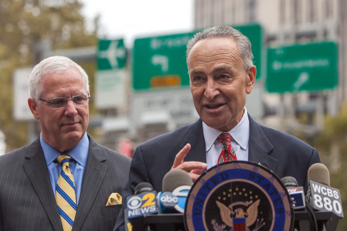 Senator Charles Schumer and NYPD Deputy Commissioner of Intelligence and Counter-terrorism John Miller at a press conference on strengthening trespassing laws, in Manhattan, New York, on Oct. 13, 2014. (Petr Svab/Epoch Times)