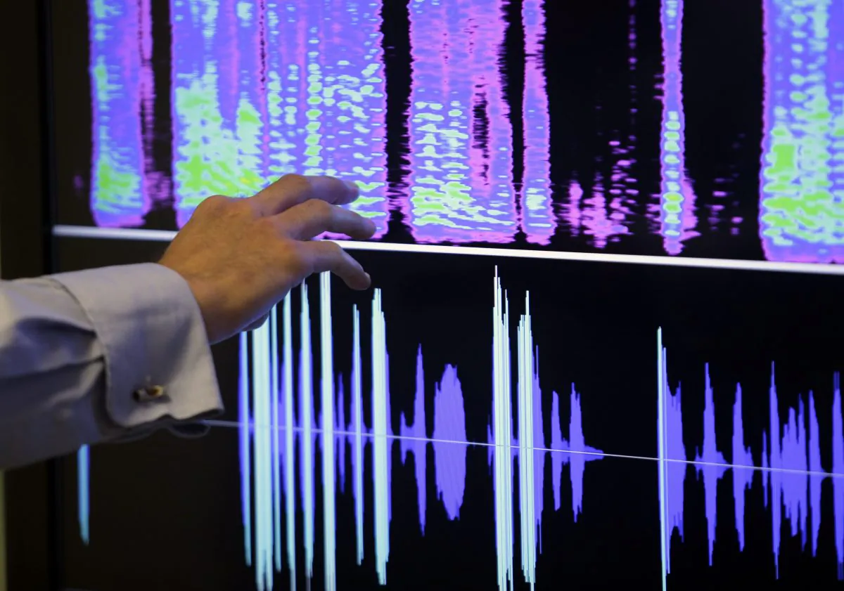 In this photo taken Sept. 15, 2014, Benoit Fauve, a speech scientist with a voice recognition technology company ValidSoft, points to a screen displaying the voice biometric features of a telephone call during a demonstration at the company’s office in central London.  An Associated Press investigation has found that two of America's biggest retail banks, Chase and Wells Fargo, are quietly taking some callers' voiceprints to fight fraud.  (AP Photo/Lefteris Pitarakis)