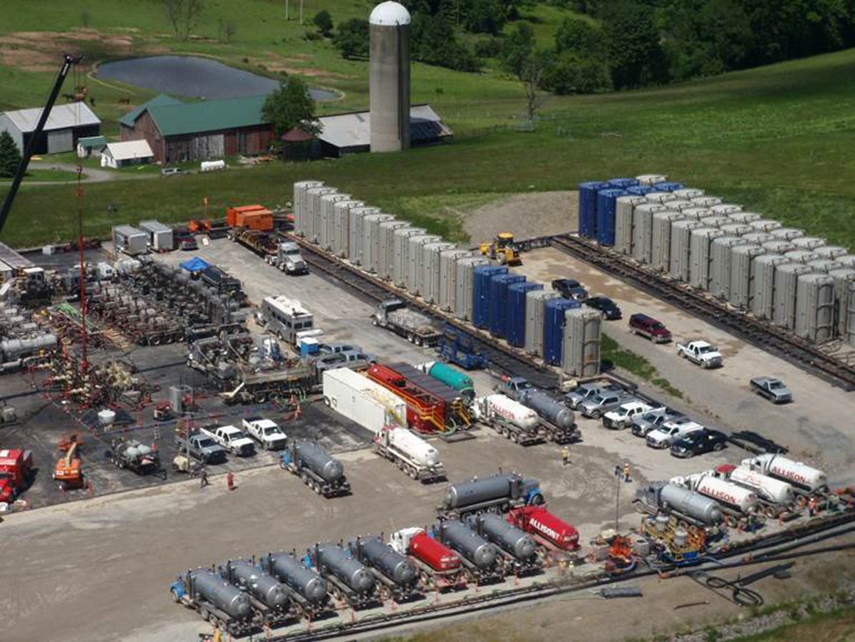 Fracking operations at a well pad overlying the Marcellus Formation in Pennsylvania, 2012. New York politicians and voters alike are weigh in on whether to allow hydraulic fracturing for natural gas. (AP Photo/Stanford University, Rob Jackson)