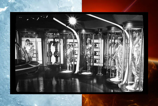 A frame from the 1965 program premiere of “Lost in Space” shows the Robinson family in suspended animation. (CBS Television/Wikimedia Commons) Background: Ice (Shutterstock*); an illustration of a planet (Enrico Giuseppe Agostoni/iStock/Thinkstock)