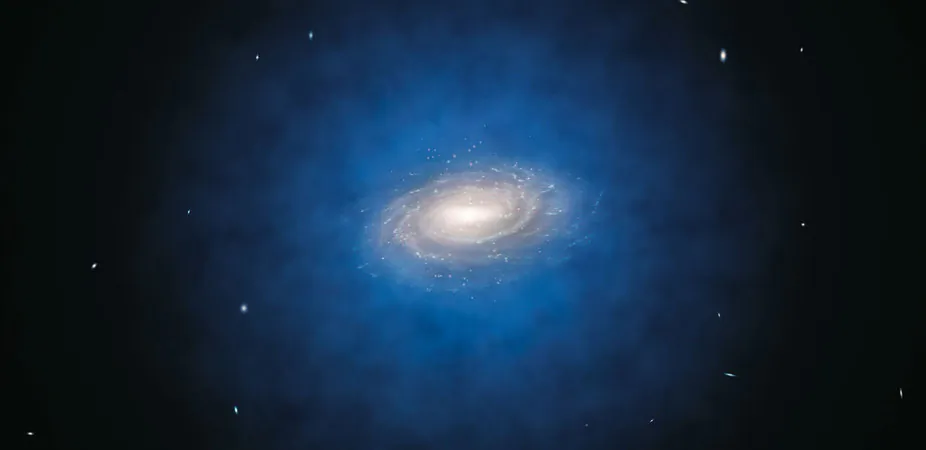 This artist’s impression of the Milky Way galaxy. The blue halo of material surrounding the galaxy indicates the expected distribution of the mysterious dark matter. (L. Calçada/ESO)
