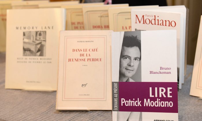 Books of French writer Patrick Modiano, winner of the 2014 Nobel Prize in Literature, are displayed at the Royal Swedish Academy in Stockholm, Sweden on Oct. 9. (Jonathan Nackstrand/AFP/Getty Images)