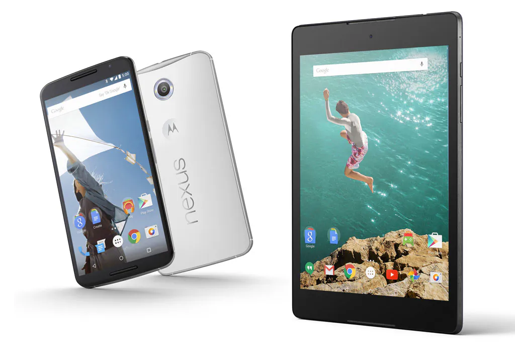 Left: The Google Nexus 6 smartphone boasts a nearly 6-inch screen, eclipsing the 5.5-inch display on the iPhone 6 Plus that Apple began selling last month. Right: The Nexus 9 tablet, unveiled by Google on Wednesday, Oct. 15, 2014, is an apparent effort to upstage Apple’s anticipated update of its trend-setting iPad. (AP Photo/Google)