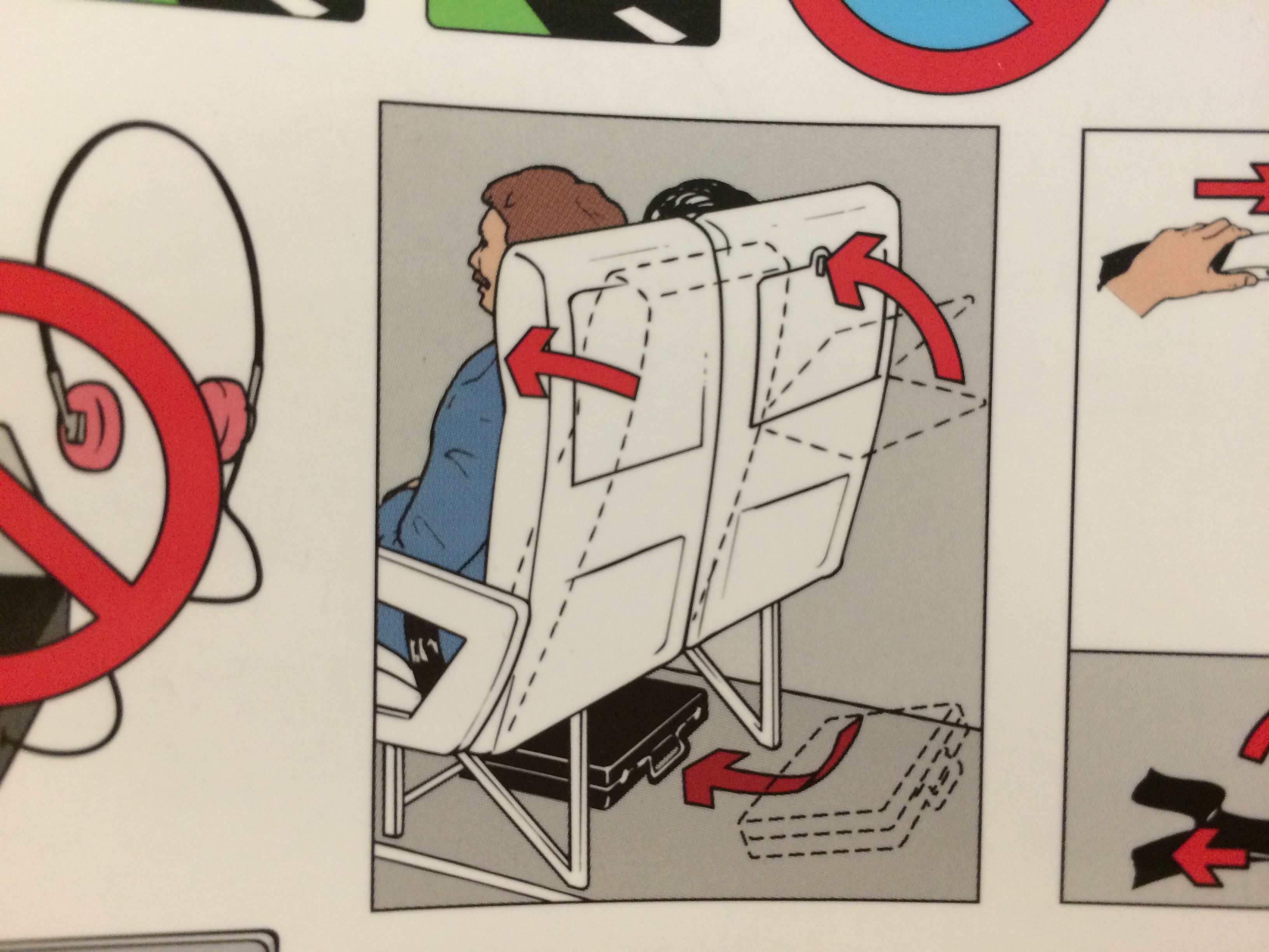 Airplane safety instructions, put seat in upright position