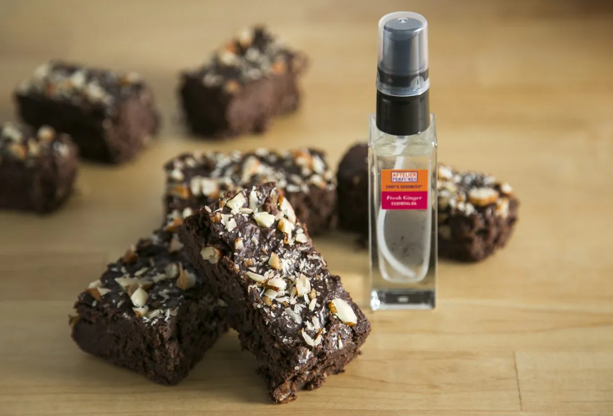 Fudgy Black Bean Brownies and Fresh Ginger Chef's Essences Spray. (Samira Bouaou/Epoch Times)