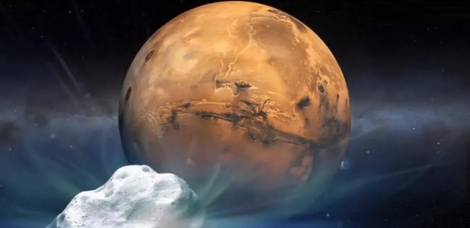 An artist’s concept of Comet Siding Spring (2013 A1) and Mars. (NASA)