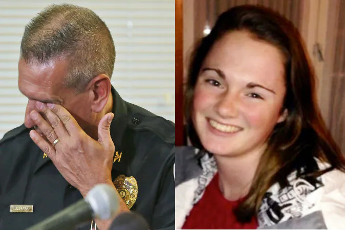 Left: Charlottesville Police Chief, Tim Longo, wipes his eyes as he briefs the media on the discovery of remains in Albermarle County during a news conference in Charlottesville, Va., Saturday, Oct. 18, 2014. (AP Photo/Steve Helber) Right: Missing University of Virginia student Hannah Elizabeth Graham in an undated photo. (AP Photo/Charlottesville, Va., Police Department)