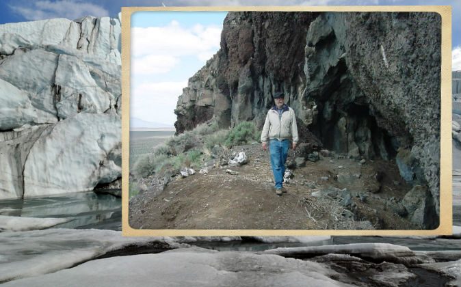 Bill Cannon, archaeologist with the Bureau of Land Management (BLM), walks by the Paisley Caves in Oregon. The human remains in these caves suggest an ancient human population reached what is now the United States at the end of the last Ice Age. (BLM/Wikimedia Commons) Background: A file photo of a glacier lake. (Shutterstock*)
