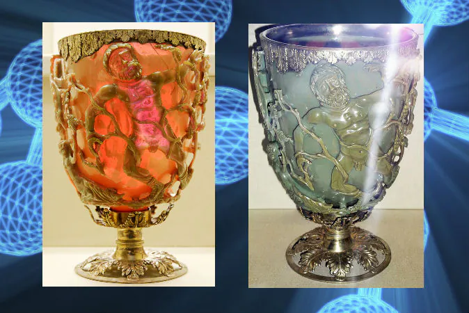 The Lycurgus Cup, at the British Museum. (Wikimedia Commons) Background: A concept image of nanotechnology (Kentoh/iStock/Thinkstock)