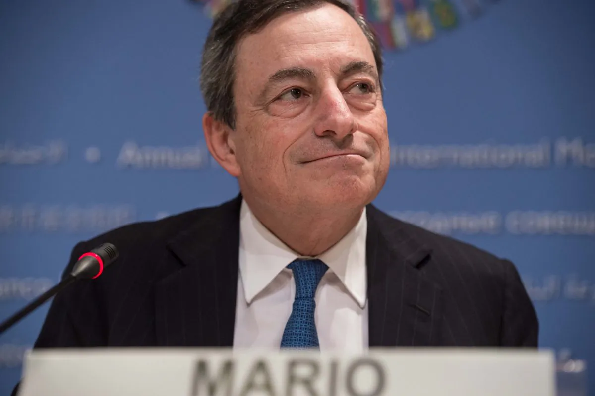 European Central Bank (ECB) President Mario Draghi at the annual IMF/World Bank meetings in Washington on Oct. 11. During the summer, the ECB announced that it would impose an interest rate charge on euro deposits.
(Nicholas Kamma/AFP/Getty Images)